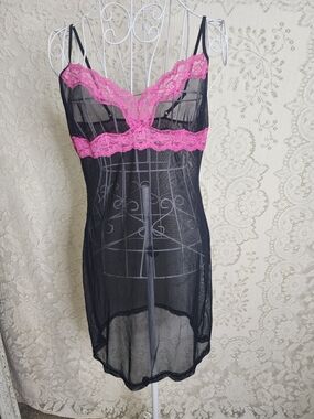 Frederick's of Hollywood Black Sheer Chemise with Hot Pink Lace